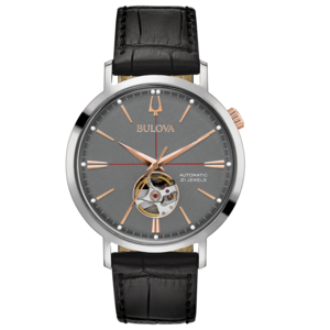 Bulova-Uhr mit grauem Zifferblatt und Lederarmband, Automatik, 21 Juwelen.