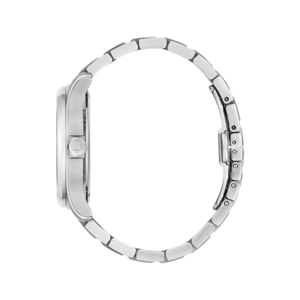 Silberne Uhr mit Armband, Seitenansicht, Detailaufnahme, elegant, modern