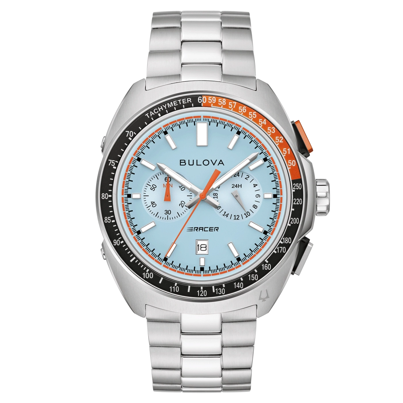 Bulova Herrenuhr mit hellblauem Zifferblatt und orangefarbenen Akzenten, Edelstahlarmband