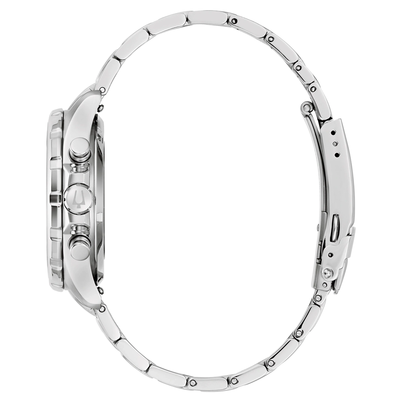 Silberne Uhr mit Armband, Seitenansicht, Detailaufnahme, glänzend, elegant, modern