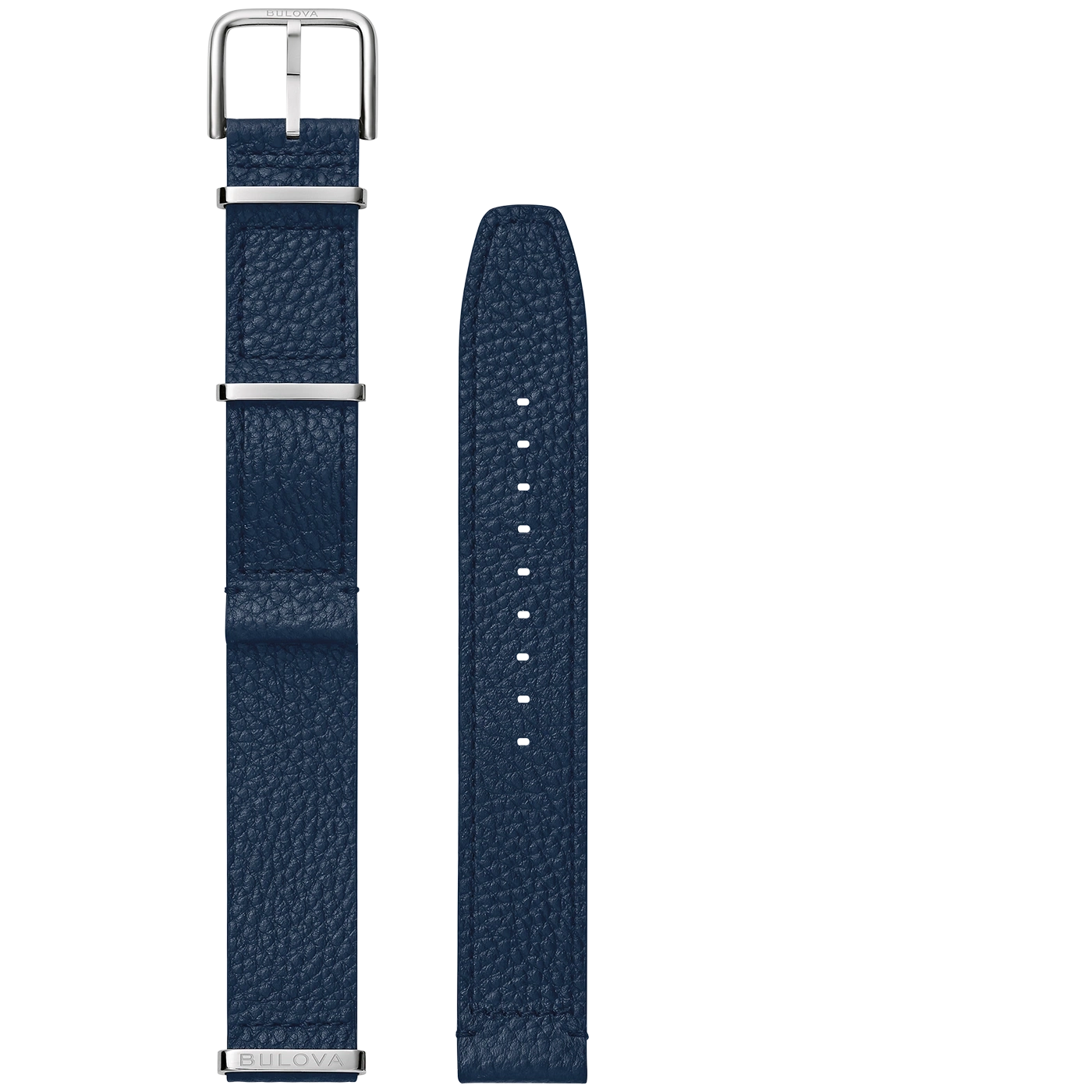 Dunkelblaue Lederarmbanduhr mit silbernen Schnallen und Bulova-Logo.
