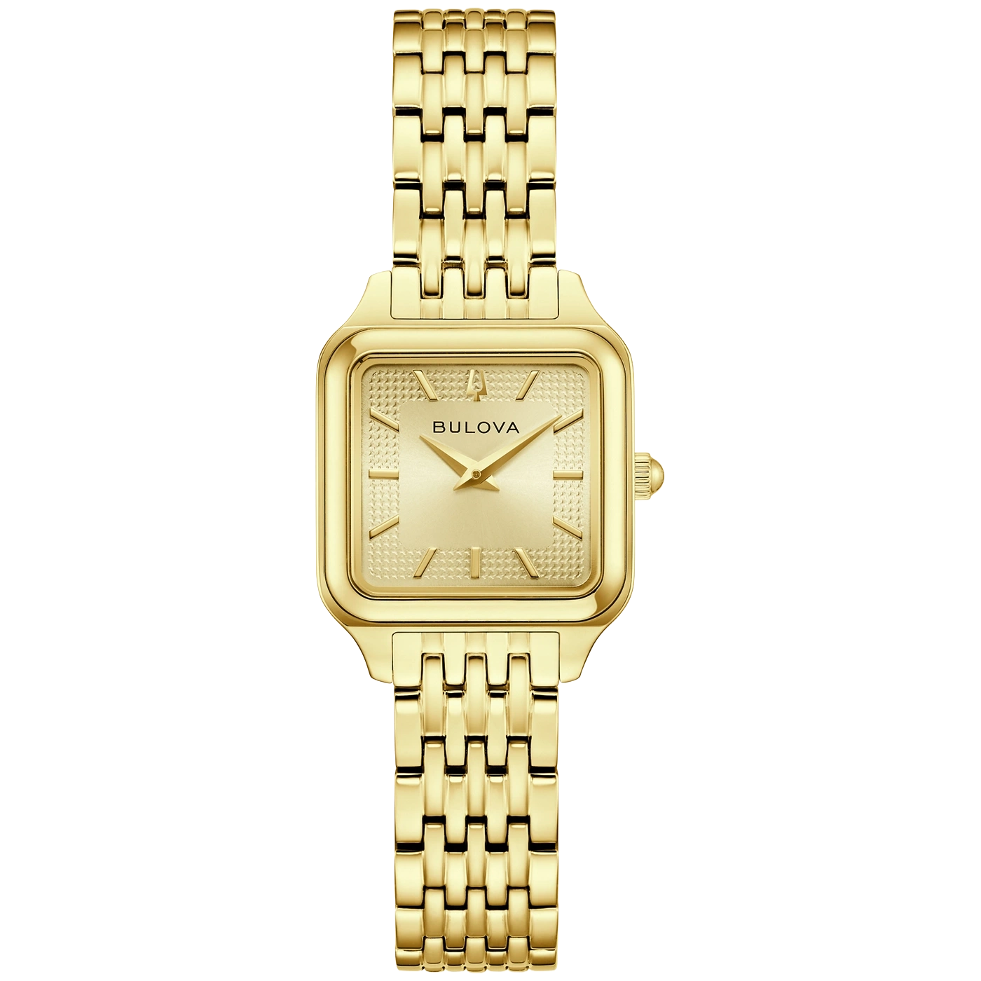 Goldene Bulova Damenuhr mit rechteckigem Zifferblatt und Gliederarmband.