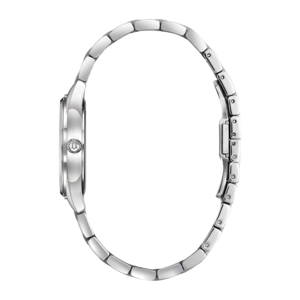 Silberne Damenuhr mit Armband, Seitenansicht, elegant und stilvoll
