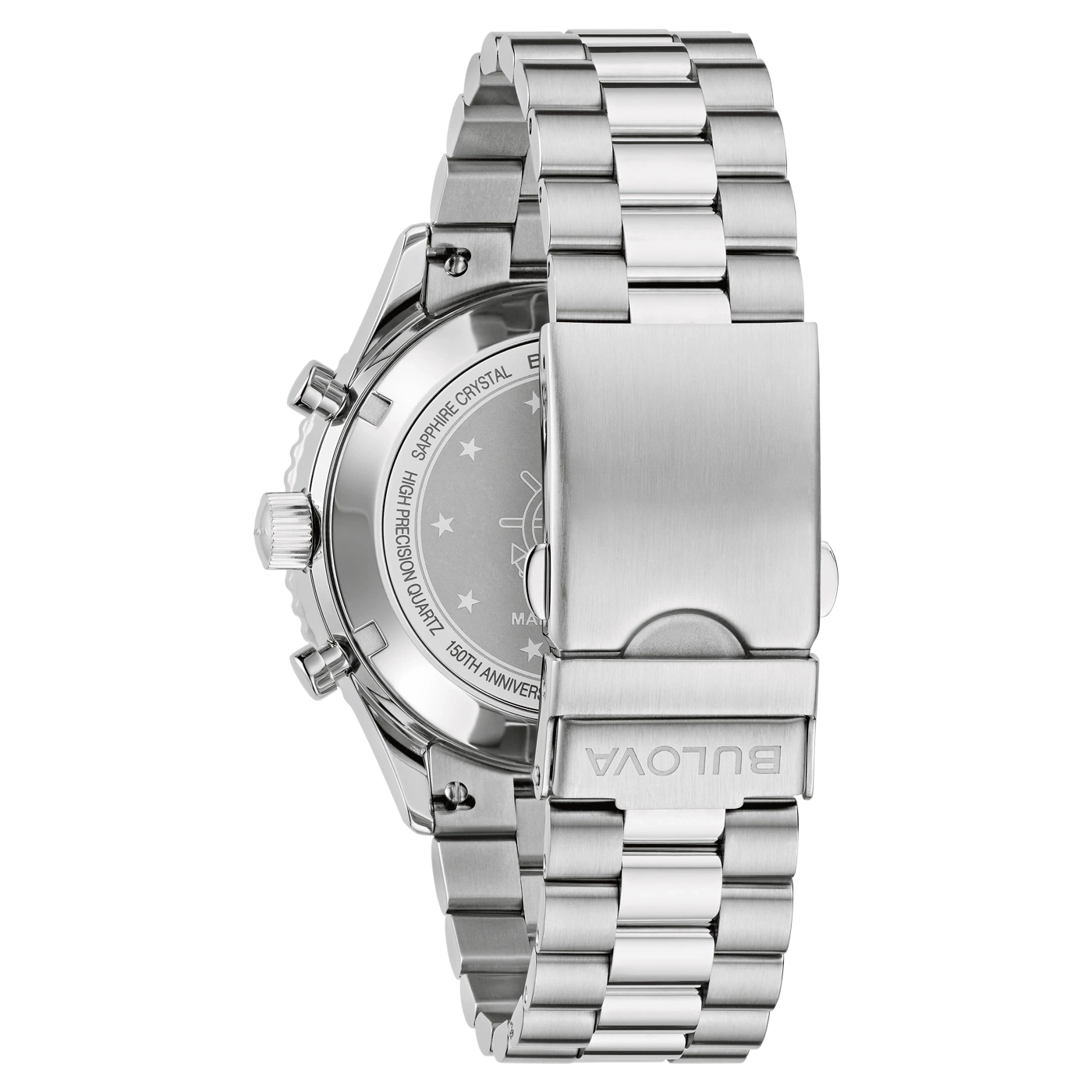 Rückseite einer silbernen Uhr mit Armband und Bulova-Logo.
