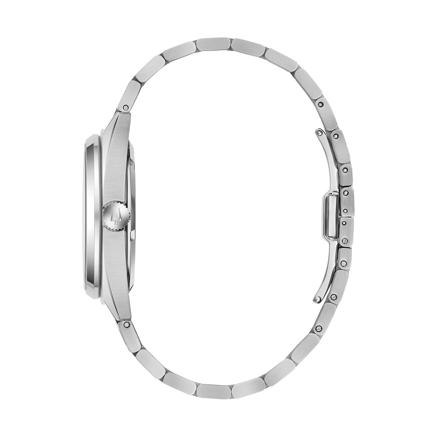 Silberne Uhr mit Armband, Seitenansicht, elegantes Design, Detailaufnahme, Accessoire