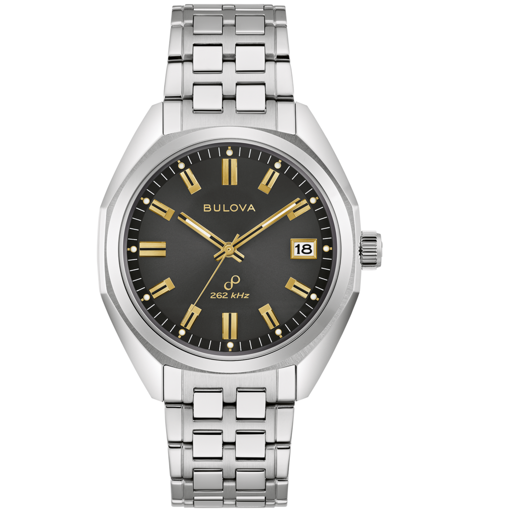 Bulova-Uhr mit silbernem Armband und schwarzem Zifferblatt mit goldenen Akzenten