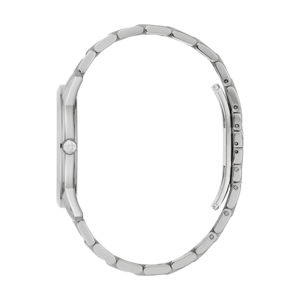 Silberne Uhr mit Armband, Seitenansicht, elegantes Design, Detailaufnahme, Accessoire, Mode
