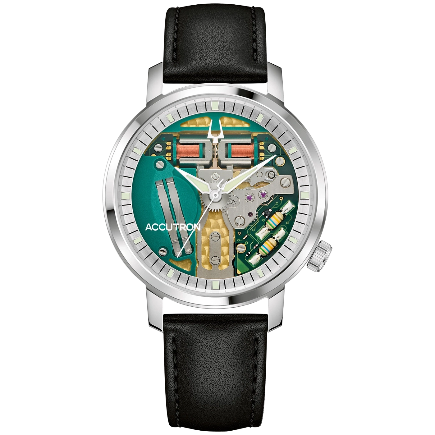 Eine Accutron-Uhr mit offenem Zifferblatt und schwarzem Lederarmband.