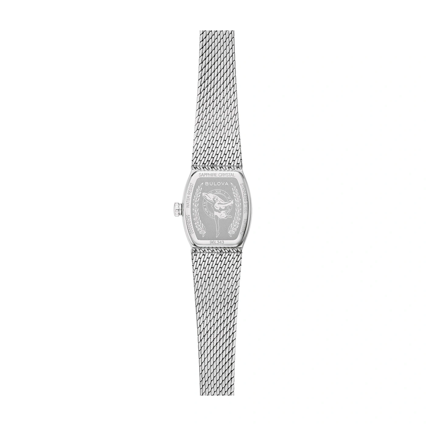 Bulova Damenuhr, silbernes Armband, rechteckiges Zifferblatt, Detailaufnahme, Nahaufnahme