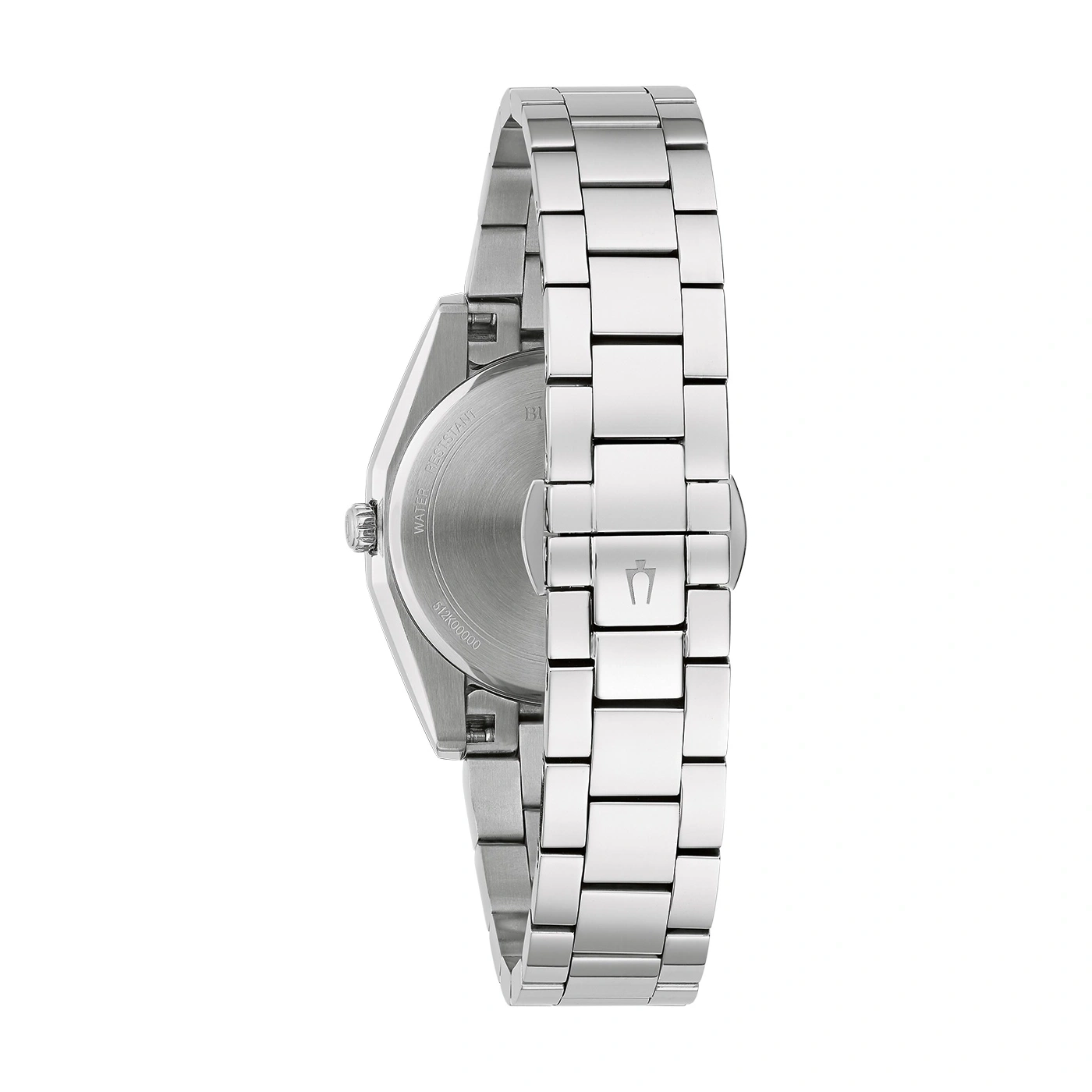 Rückseite einer silbernen Armbanduhr mit Wasserdichtigkeitshinweis.
