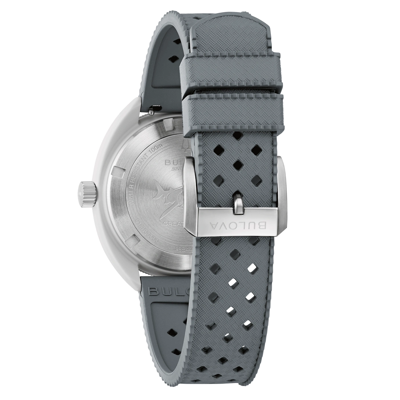 Graue Uhr mit Armband, Detailaufnahme, Bulova-Logo, Wasserdichtigkeit 100m, Nahaufnahme