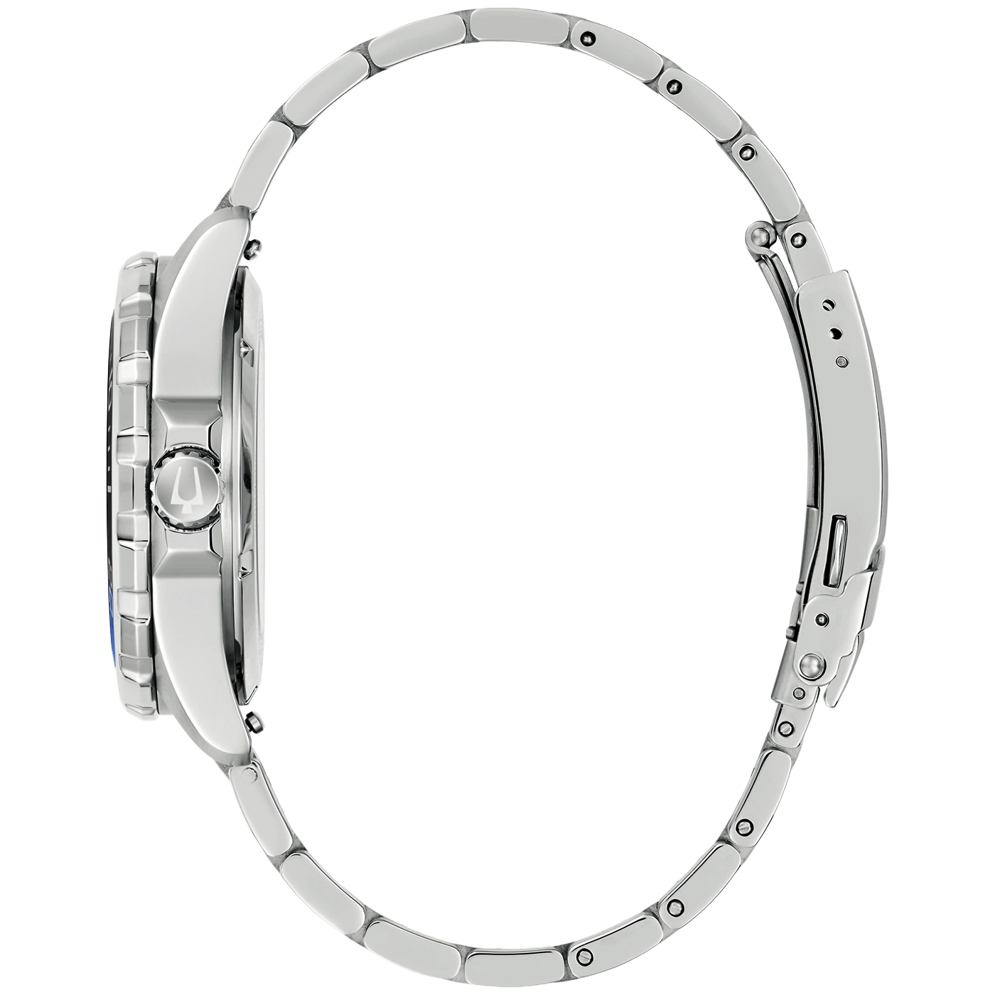 Seitenansicht einer silbernen Armbanduhr mit Metallarmband