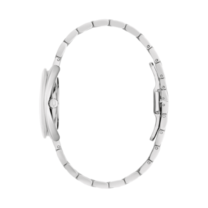 Silberne Damenuhr mit rundem Zifferblatt und Armband, Seitenansicht, elegant