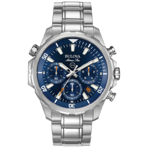 Bulova Marine Star Uhr, blaues Zifferblatt, silbernes Armband, Chronograph, 100m wasserdicht.