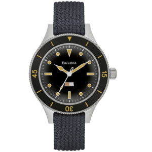 Bulova-Uhr mit schwarzem Zifferblatt und grauem Armband. Goldene Akzente.