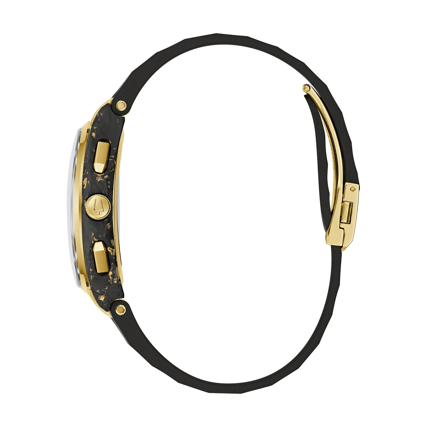 Goldene Uhr mit schwarzem Armband, Detailaufnahme, Seitenansicht, isoliert