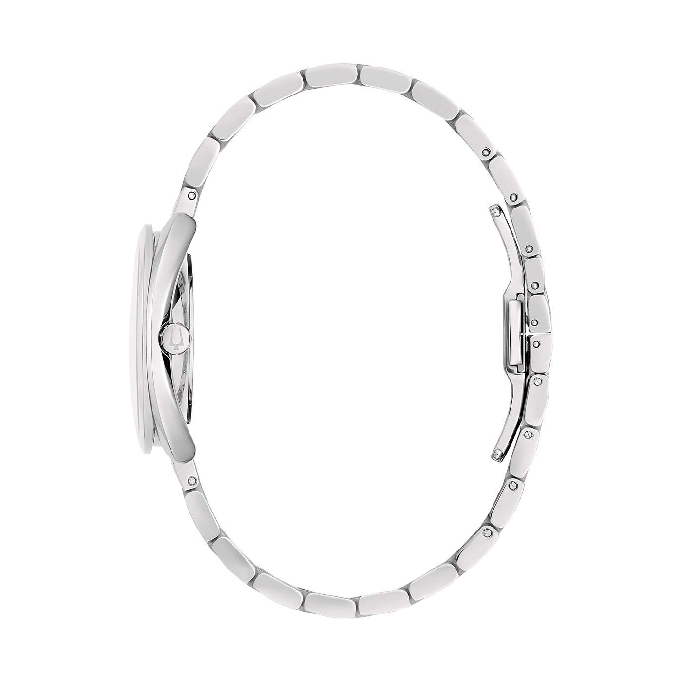 Silberne Damenuhr mit rundem Zifferblatt und Armband, Seitenansicht, elegant
