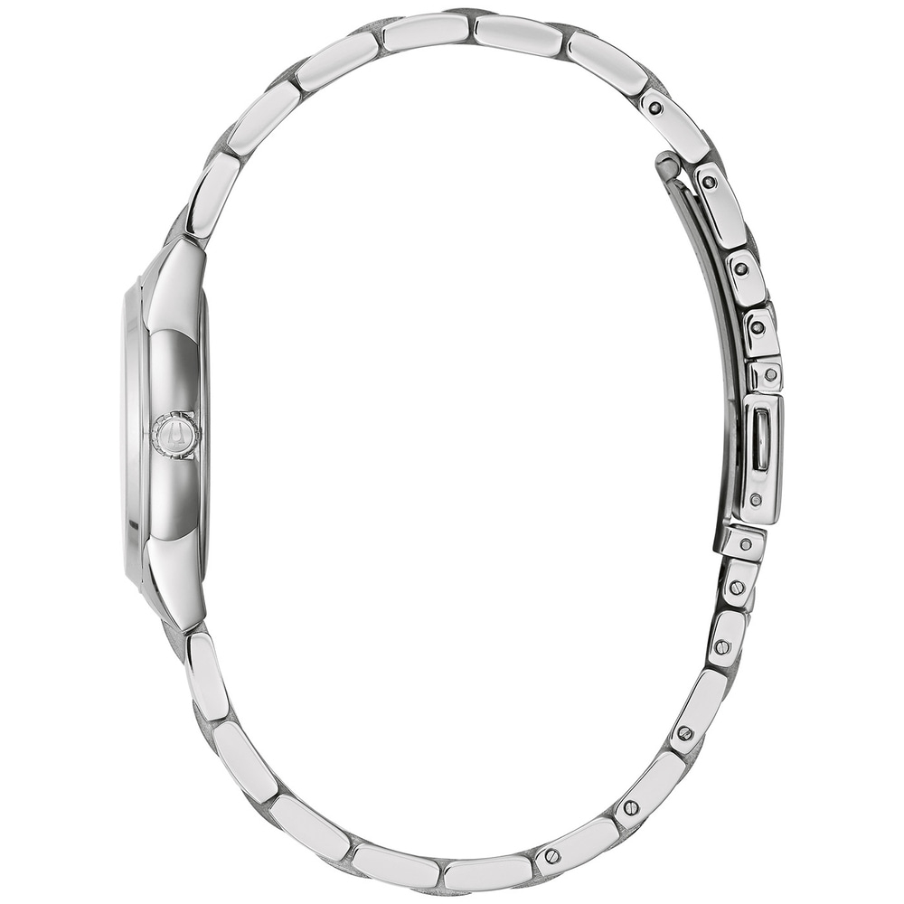 Silberne Damenuhr, Seitenansicht, Armband, rundes Zifferblatt, elegant, modern, Accessoire