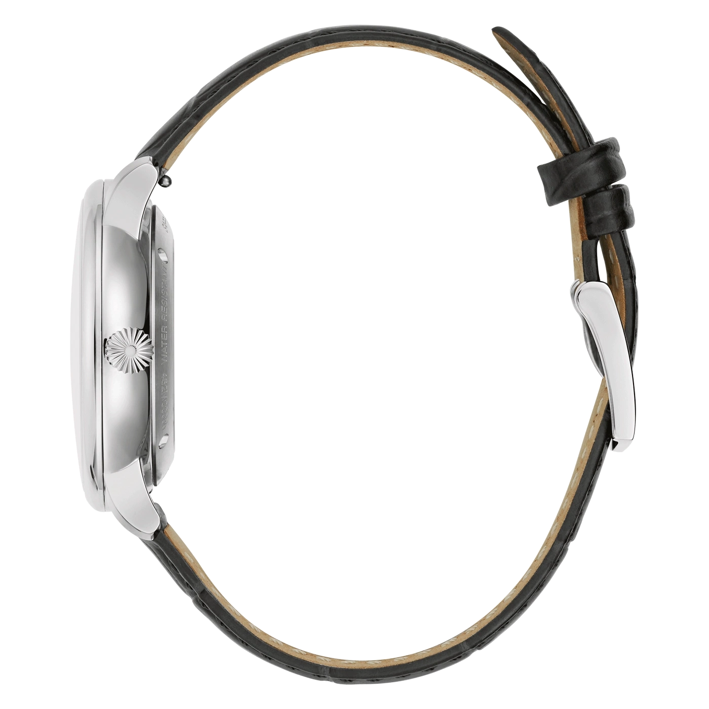 Uhr mit schwarzem Lederarmband, Seitenansicht, silbernes Gehäuse, elegantes Design