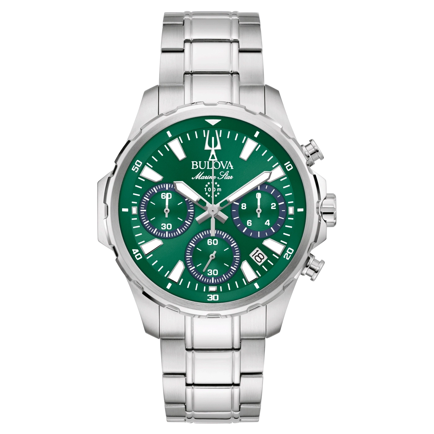Bulova Marine Star Uhr, grün, silbernes Armband, Chronograph, 100m wasserdicht, Datumsanzeige.