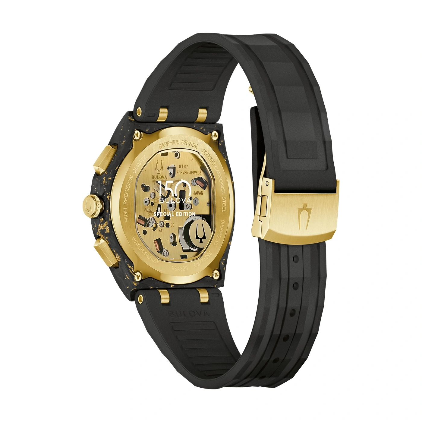 Bulova-Uhr, schwarz und goldfarben, Detailansicht, Präzisionsquarz, Saphirglas, Special Edition.