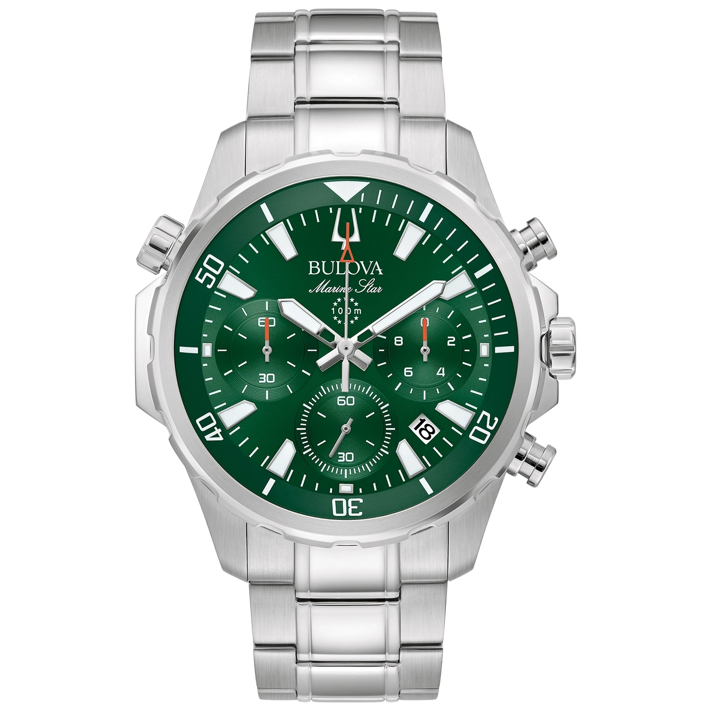 Bulova Marine Star Uhr, grün, silbernes Armband, Chronograph, 100m wasserdicht, Datum