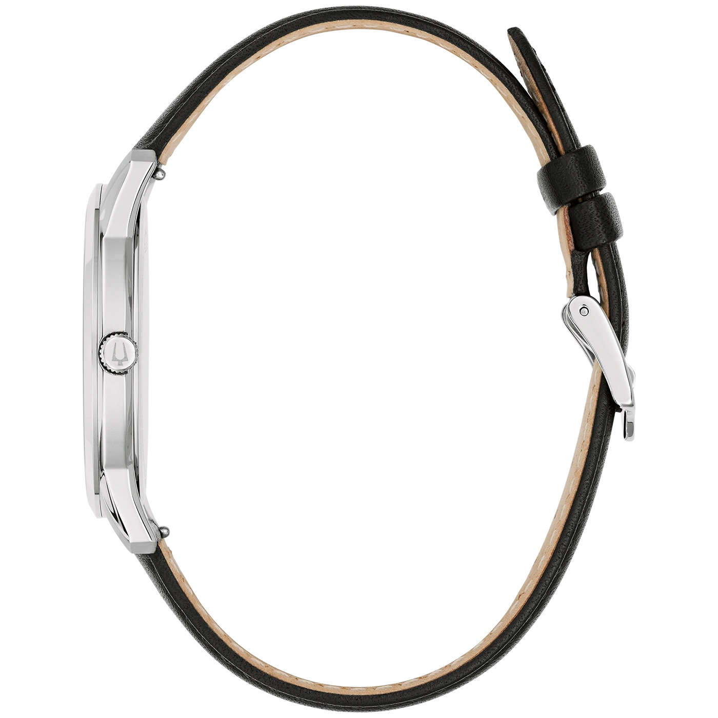 Eine silberne Uhr mit schwarzem Lederarmband, von der Seite gesehen.