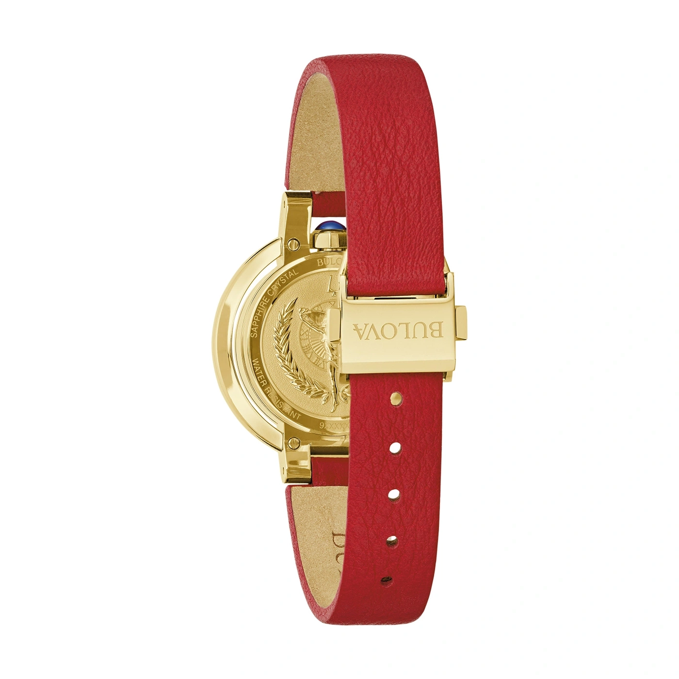 Rote Uhr mit goldenem Gehäuse und Armband, Nahaufnahme, Detailaufnahme