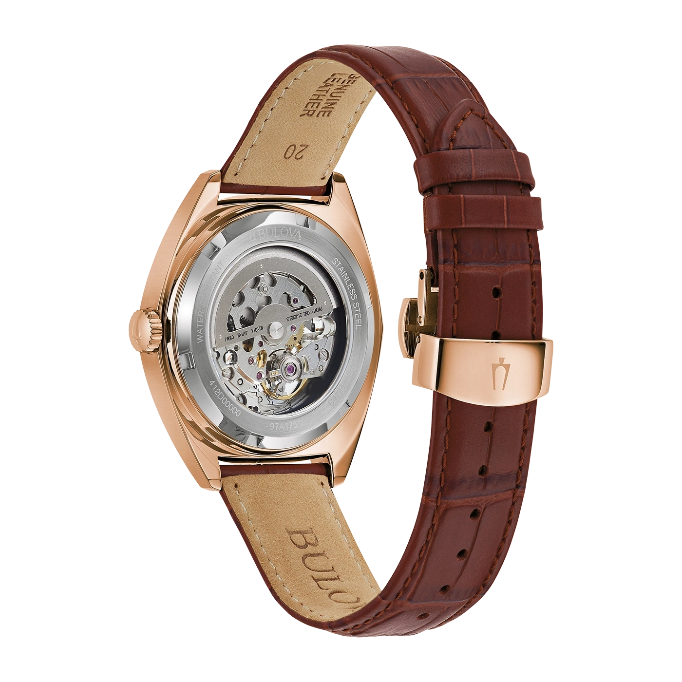 Bulova-Uhr, braunes Lederarmband, roségoldenes Gehäuse, Skelett-Zifferblatt, Edelstahl