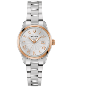 Bulova Damenuhr, silbernes Gehäuse, roségoldfarbene Akzente, römische Ziffern, Datum