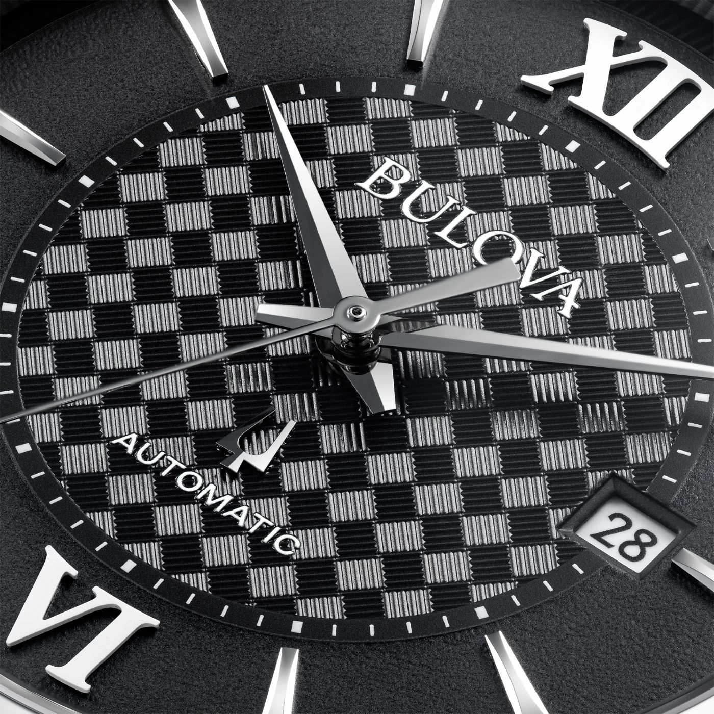 Bulova Uhr, schwarzes Zifferblatt, Schachbrettmuster, römische Ziffern, Datum 28, Automatik