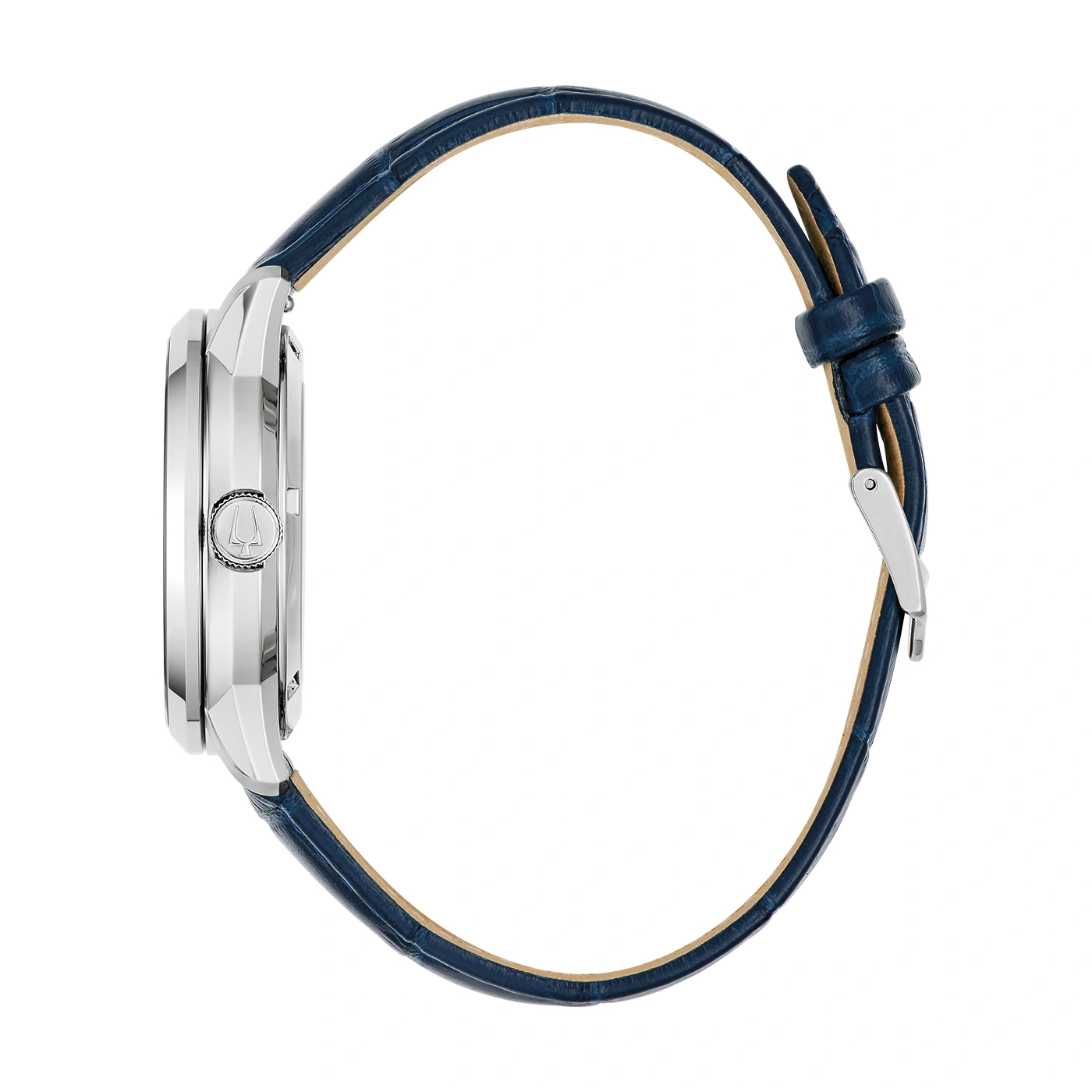 Blaue Uhr mit Lederarmband, Seitenansicht, Detailaufnahme, elegantes Design