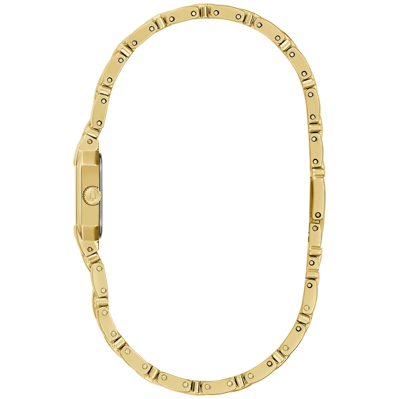 Goldene Damenuhr mit rechteckigem Gehäuse und Gliederarmband.