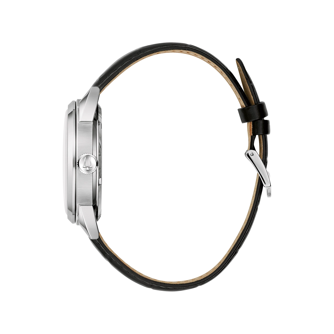 Uhr mit schwarzem Lederarmband, Seitenansicht, silbernes Gehäuse, elegantes Design.
