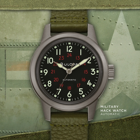 Bulova Militäruhr, schwarzes Zifferblatt, grüne Armband, Automatik, Hack Watch, 24-Stunden-Anzeige