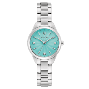 Bulova Damenuhr mit türkisfarbenem Zifferblatt und Diamanten, silbernes Armband