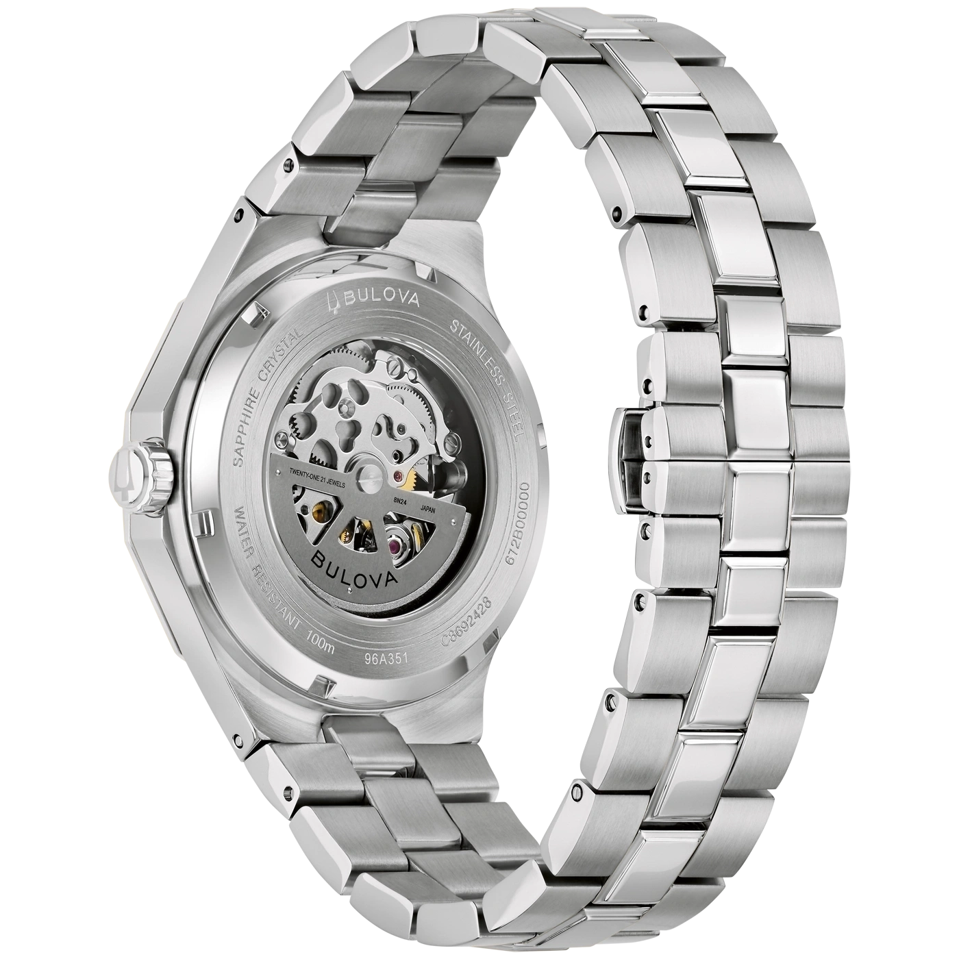 Eine Nahaufnahme der Rückseite eines silbernen Bulova Automatikuhrenarmbandes mit sichtbarem Uhrwerk.