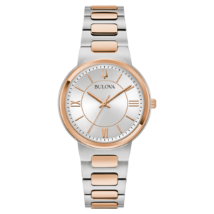 Bulova Damenuhr, silbernes Zifferblatt, roségoldfarbene Akzente, Edelstahlarmband.