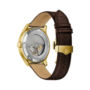 Goldene Uhr mit braunem Lederarmband, transparentem Zifferblatt und Details.