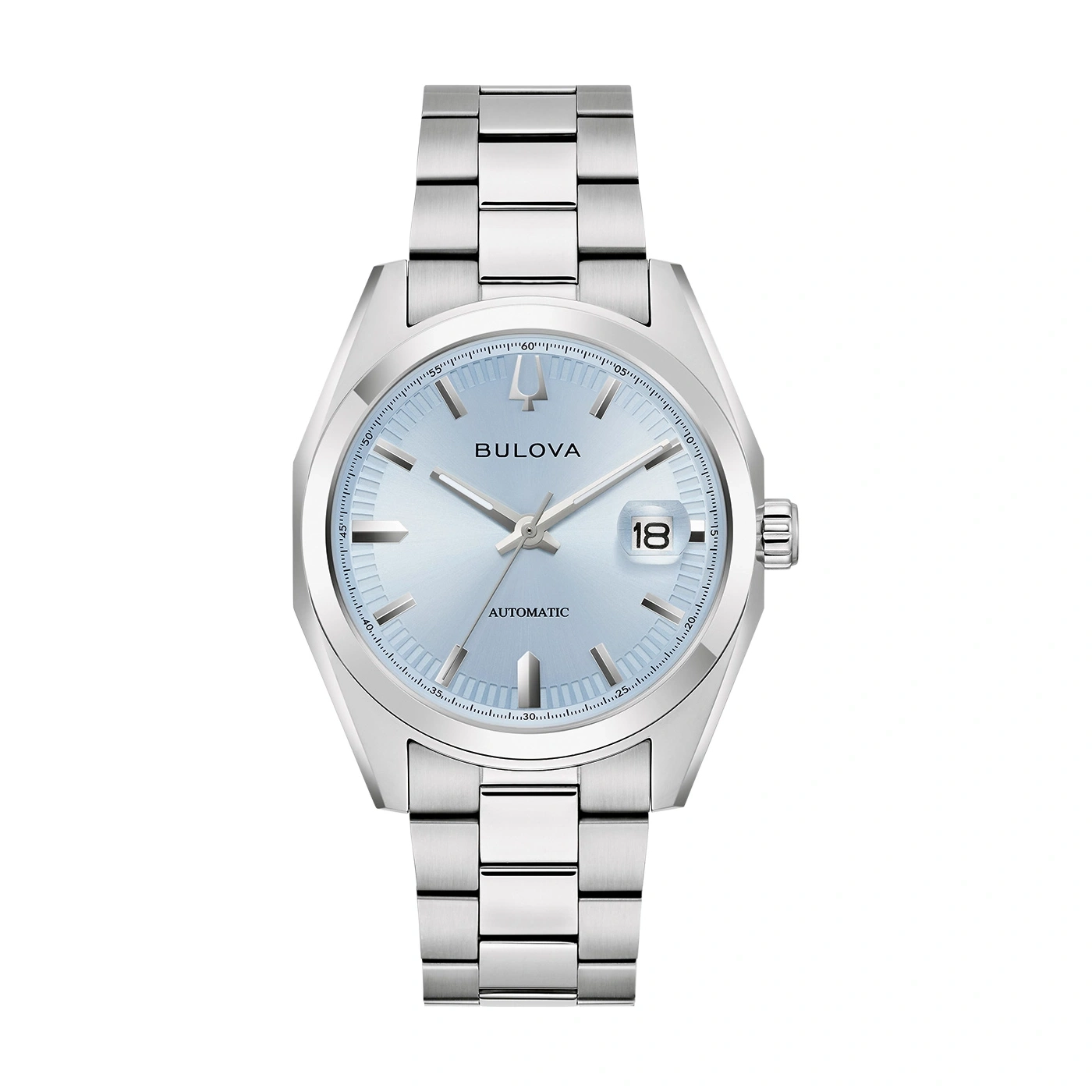 Bulova-Uhr mit hellblauem Zifferblatt und silbernem Armband, Datum 18, Automatik.