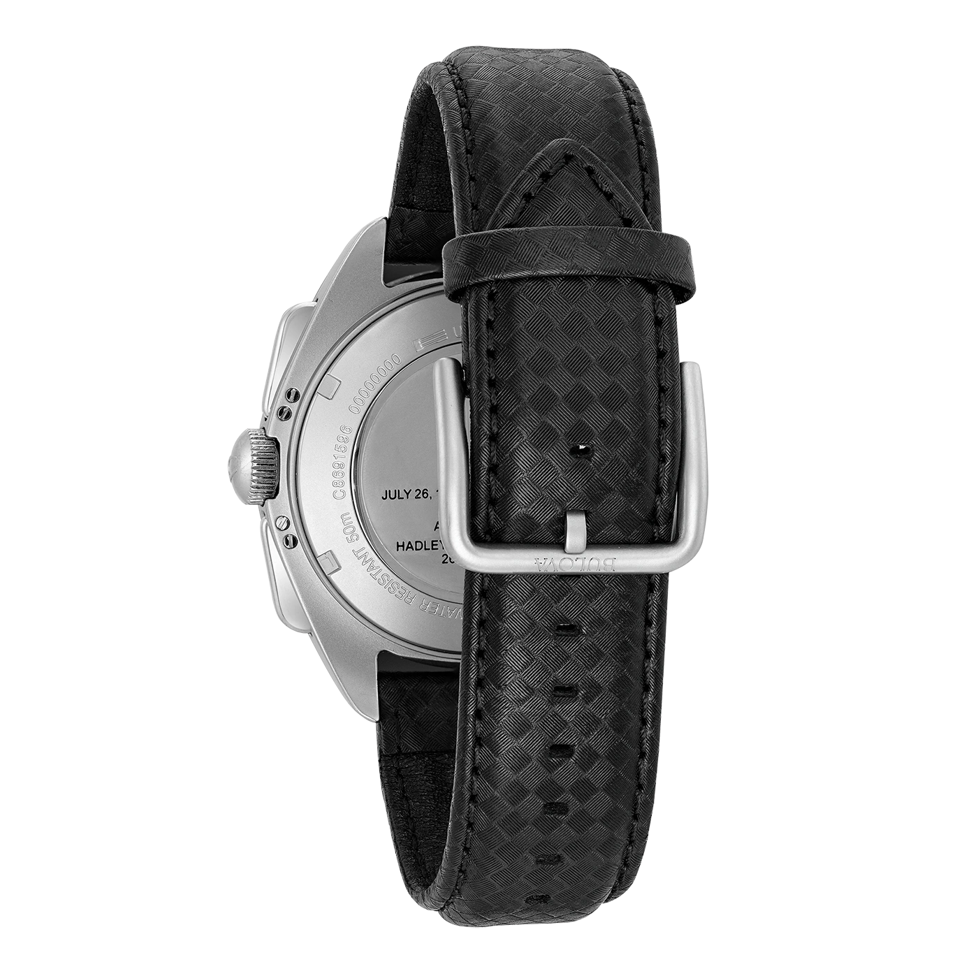 Schwarze Uhr mit Lederarmband und silberner Schnalle, Detailaufnahme