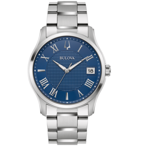 Bulova-Uhr mit blauem Zifferblatt und römischen Ziffern, Edelstahlarmband
