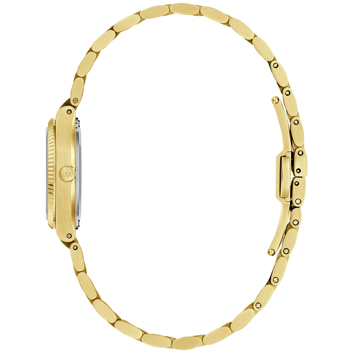 Eine goldene Damenuhr mit einem Gliederarmband, von der Seite gesehen.