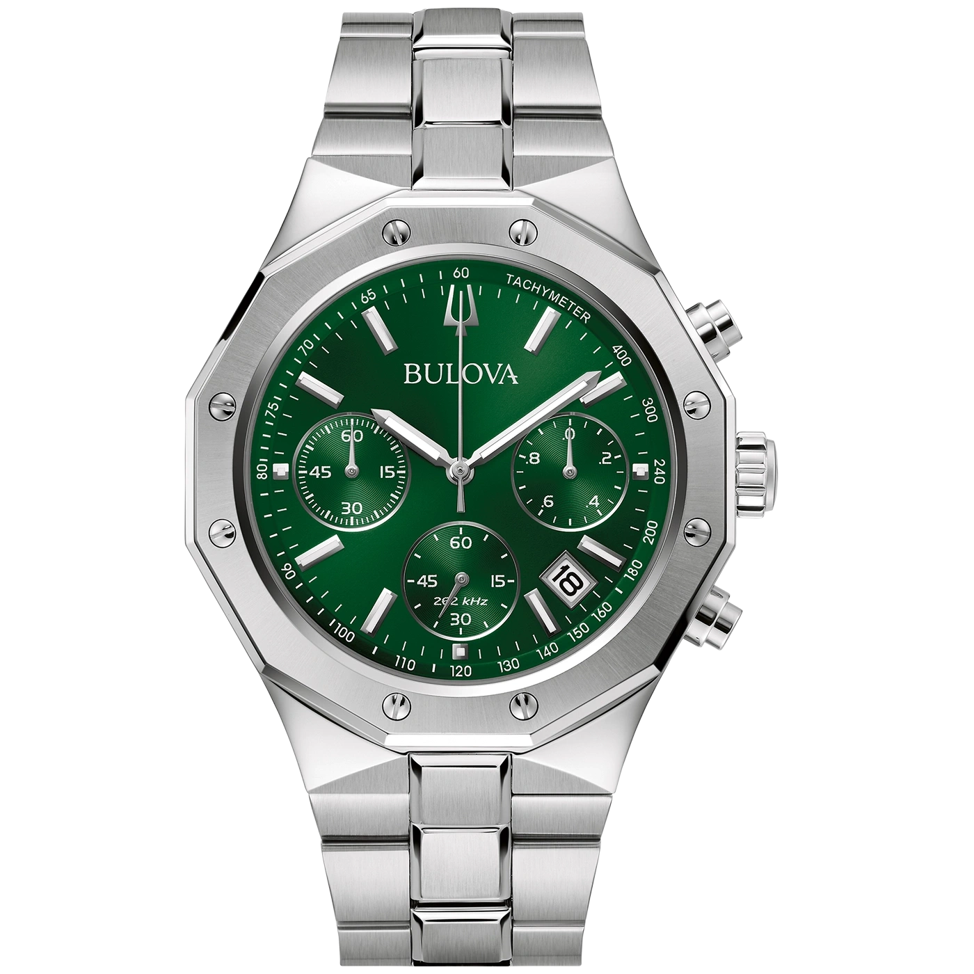 Bulova-Uhr mit grünem Zifferblatt und silbernem Armband, Chronograph-Funktion.