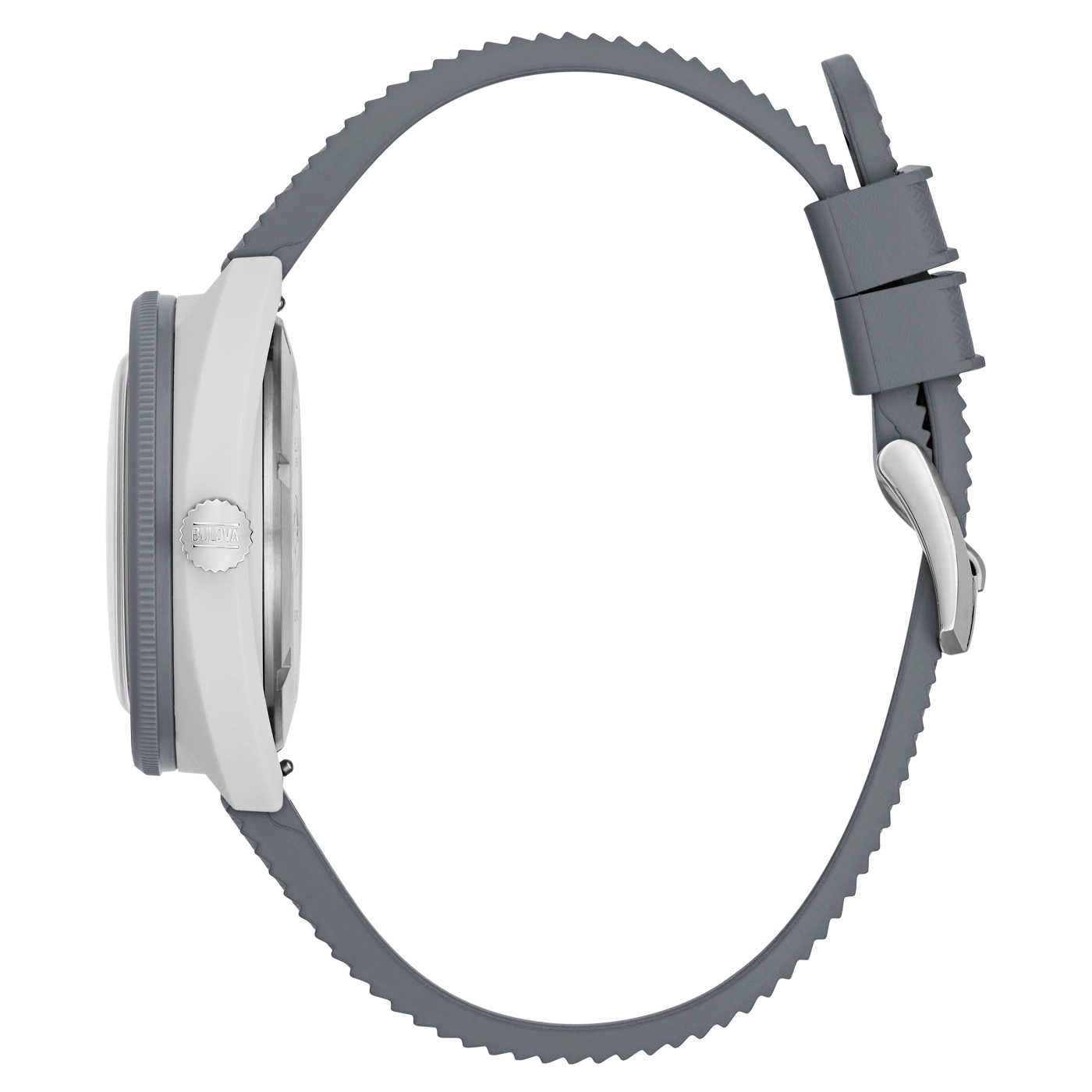 Graue Uhr mit weißem Zifferblatt und grauen Armband, Bulova-Logo.