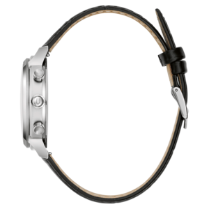 Uhr mit schwarzem Lederarmband, Seitenansicht, silbernes Gehäuse, elegantes Design