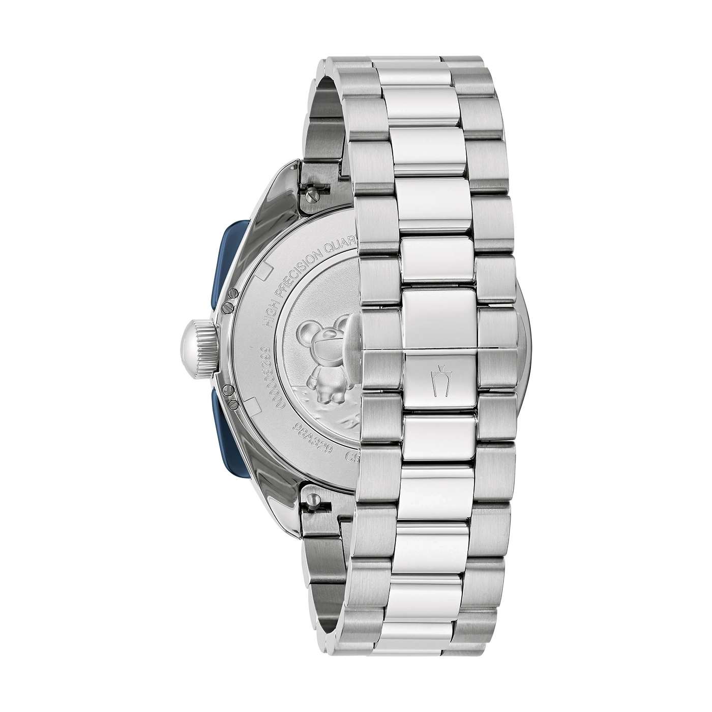Uhr mit Metallarmband, Detailaufnahme, Rückseite, silberfarben, blau, Mickey Mouse