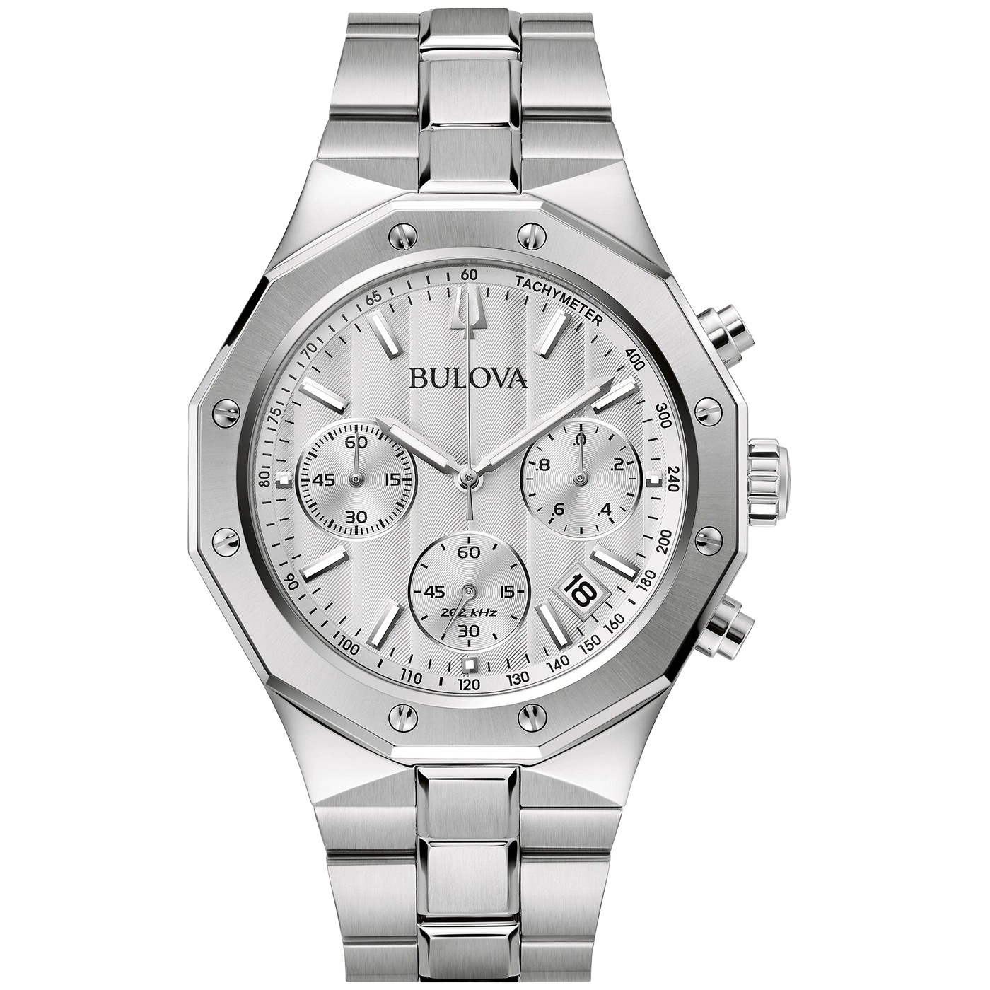Bulova-Uhr, silberfarben, Tachymeter, Datumsanzeige, Chronograph, elegantes Design