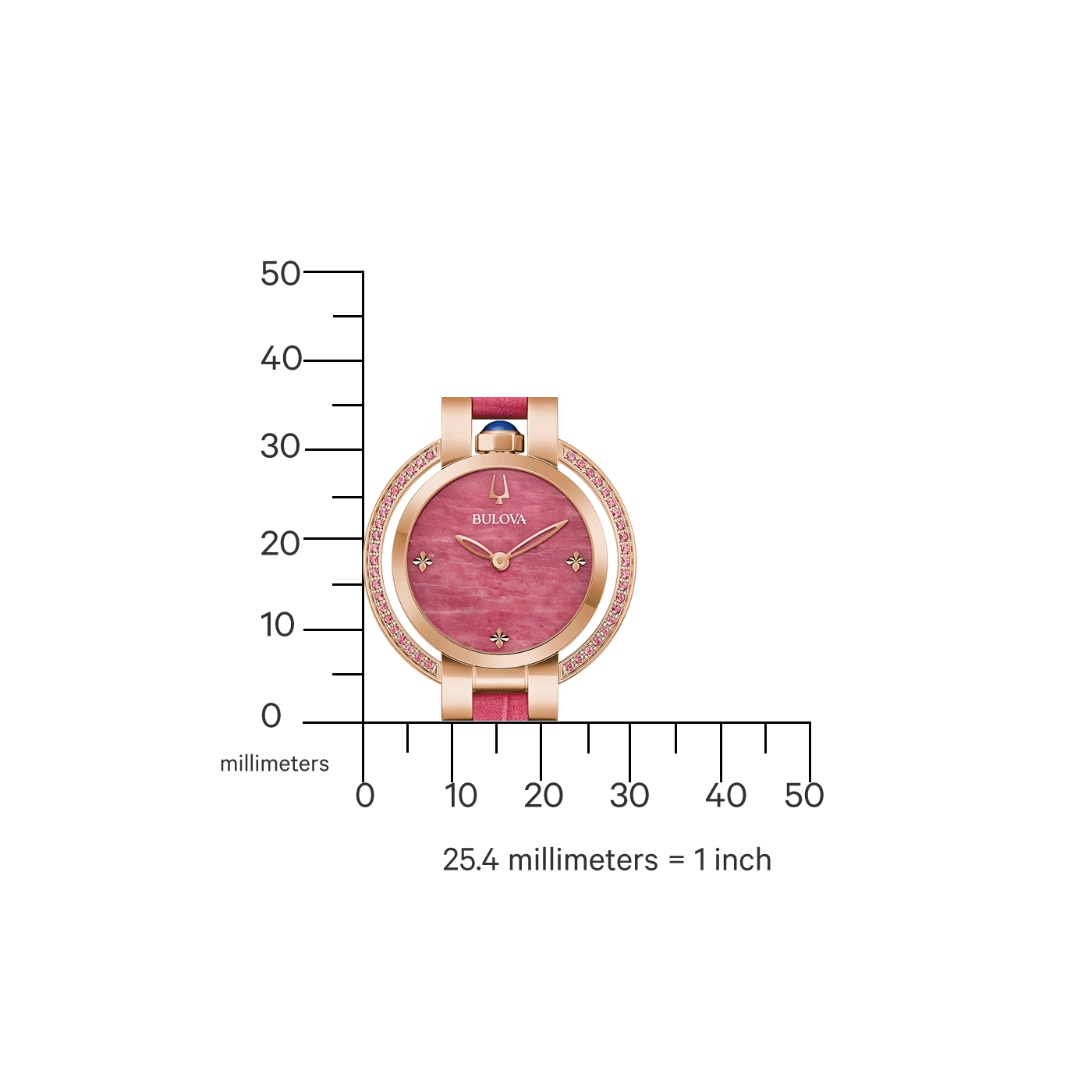 Uhr mit rosa Zifferblatt, rosa Armband und roségoldfarbenem Gehäuse, mit Messskala.