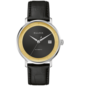 Bulova-Uhr mit schwarzem Zifferblatt und goldenem Rand, Lederarmband
